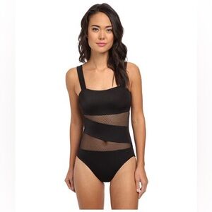 DKNY Black Mesh Panel One Piece Swimsuit | Size 14 | Chic Cutout